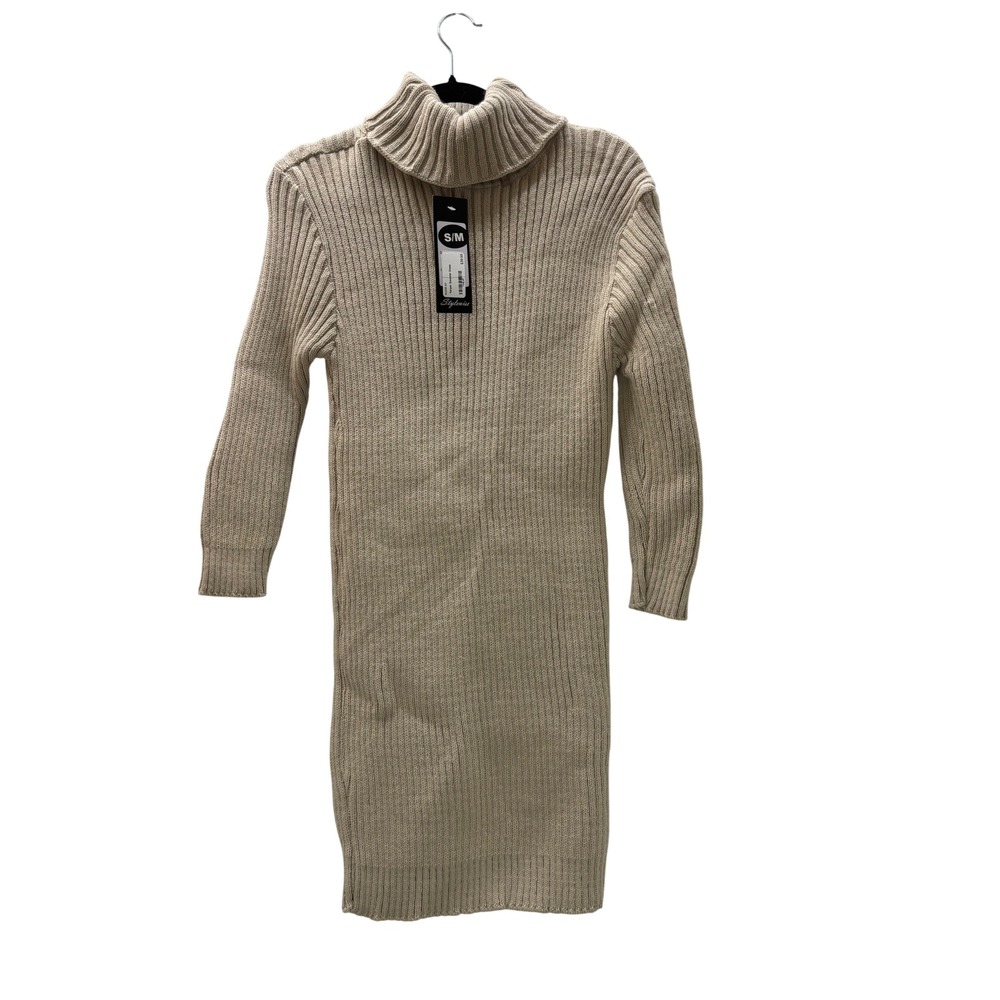 Stylewise Harper Sweater Dress Beige Ribbed Knit Turtleneck Long Sleeve S/M NEW
